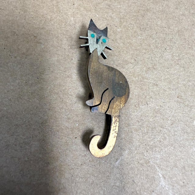 AMBIANIC presents 1950s Decorative Cat Pin Married Metals Taxco Mexico modernist minimalist attributed Jorge Chato...