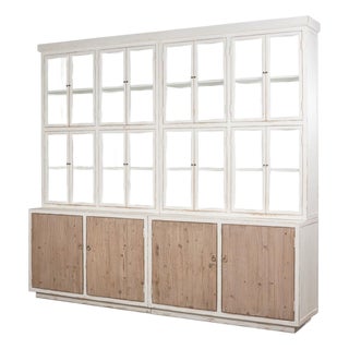 Farmhouse Pine Bookcase with Glass Doors and Weathered Wood Base For Sale