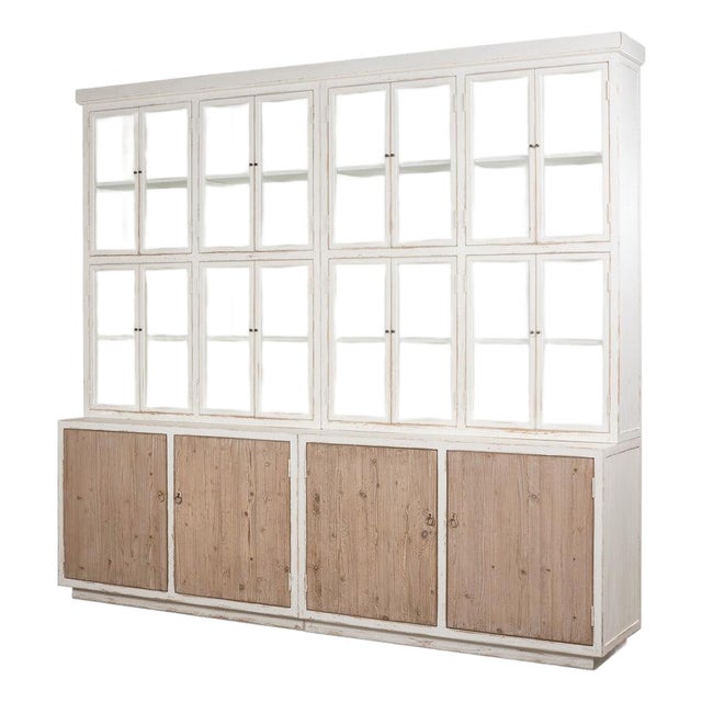 Farmhouse Pine Bookcase with Glass Doors and Weathered Wood Base For Sale