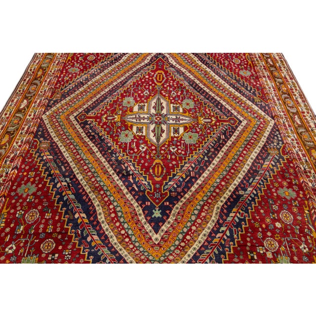 Textile Vintage Handmade Shiraz Red Geometric Wool Rug 6'10" X 10'1" For Sale - Image 7 of 10