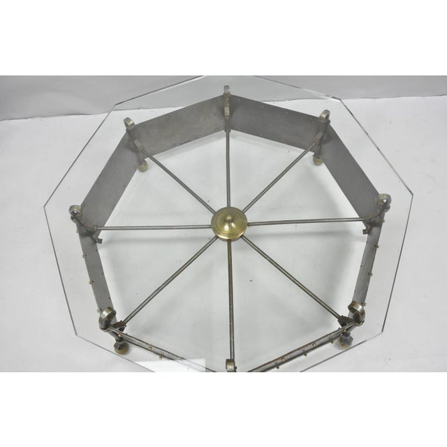 Gothic Antique Gothic Spanish Renaissance Steel Brass Octagonal Glass Top Coffee Table For Sale - Image 3 of 18