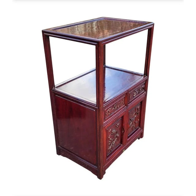Chinese Pair of Chinese Tiered Teak Carved Side Tables Cabinets For Sale - Image 3 of 11