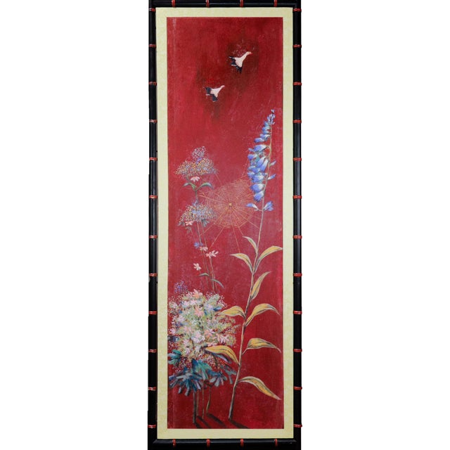 Late 20th Century Vintage Chinoiserie Four-Panel Folding Screen – Hand-Painted English Hunting Scene With Black Faux Bamboo Frame For Sale - Image 5 of 17