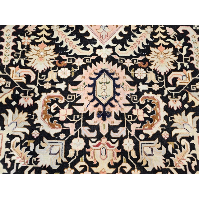 Fine Persian Tabriz Rug, Hand-Knotted Wool & Silk, Geometric Heriz Pattern, Black & Ivory, 7x10 For Sale - Image 14 of 17