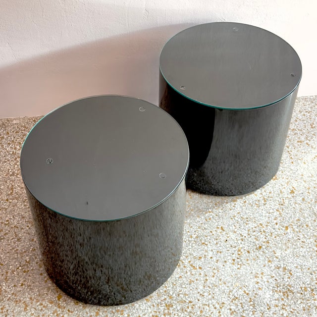 Black Postmodern Glass-Topped Black Rolling Cylinder Side Tables For Sale - Image 8 of 10