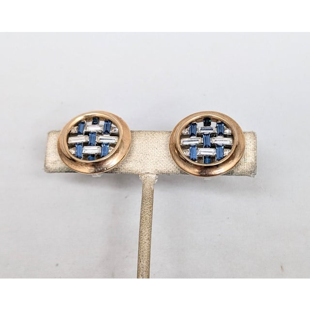 Metal Vintage 1950s Signed Crown Trifari Round Faux-Sapphire & Clear Baguettes Clip Earrings-2 Pieces For Sale - Image 7 of 9