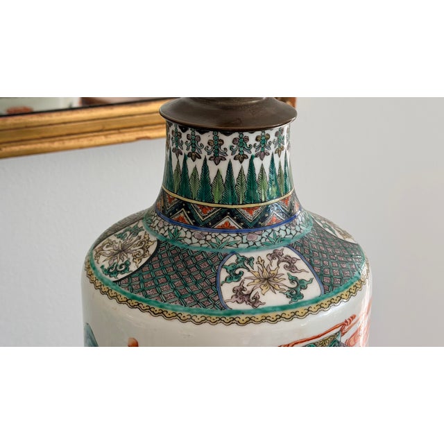 Green Monumental Late 19th Century Chinese Famille Verte Porcelain Rouleau Vases Set as Lamps Pair For Sale - Image 8 of 12