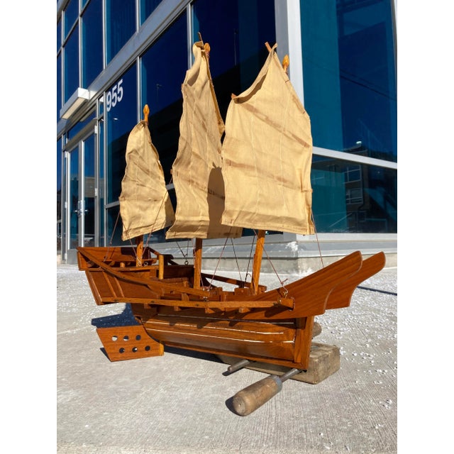 Vintage handcrafted scale model of an ancient Chinese Junk Boat or Ship, with three mast, canvas sails in solid teak, made...