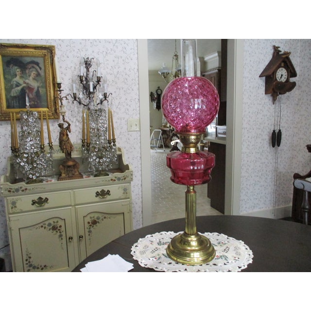 Beautiful Antique Brass Column Tall Oil Lamp Cranberry Glass Shade & Font Double Burner 29" Tall For Sale - Image 4 of 13