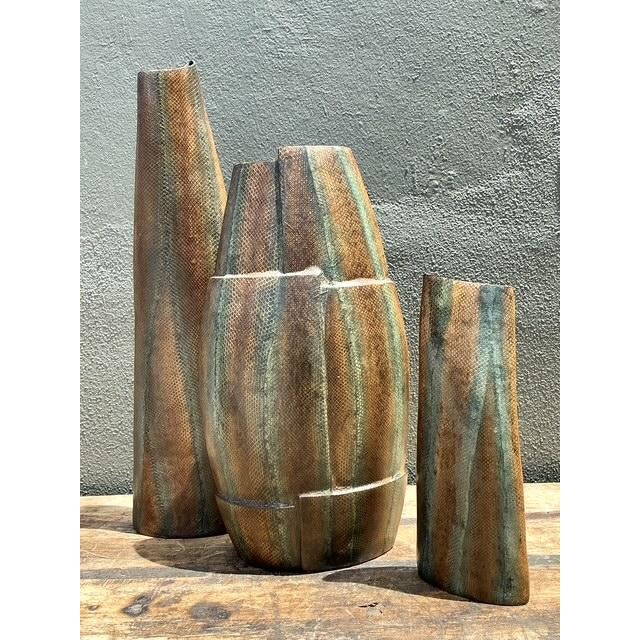 Contemporary Vintage Snakeskin Wrapped Geometric Vases - Set of 3 For Sale - Image 3 of 12