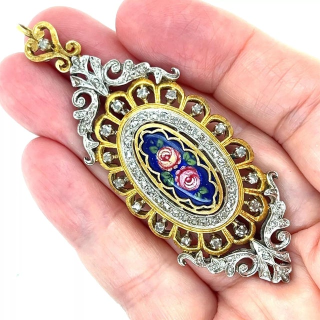Contemporary Hand Painted Porcelain Floral 18k Gold & Silver Antique Pin Pendant For Sale - Image 3 of 10