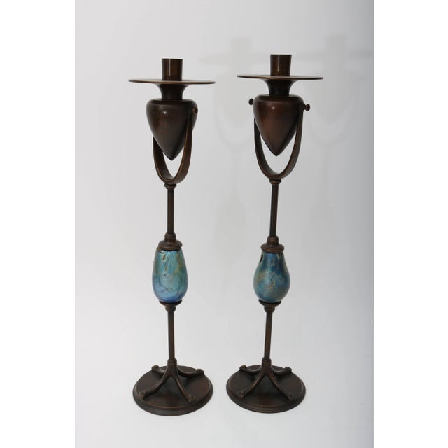 Metal Bronze and Favrile Glass Candle Holders Candlesticks by Louis C. Tiffany Furnaces Inc. - a Pair For Sale - Image 7 of 11