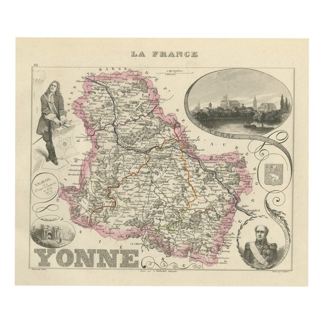 Antique Map of the Yonne, Auxerre, Vauban and Marshal Davout, 1860 For Sale