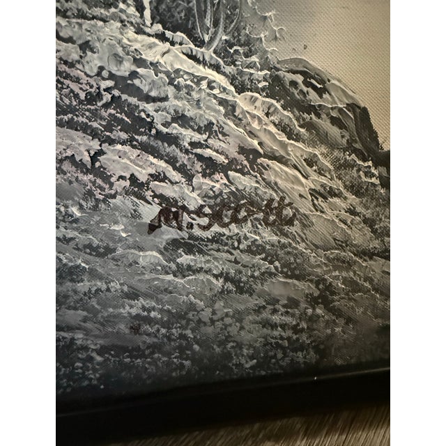 1970s Vintage Black White Riverscape Misty Mountains Oil Painting by M. Scott 14x27 For Sale - Image 5 of 7