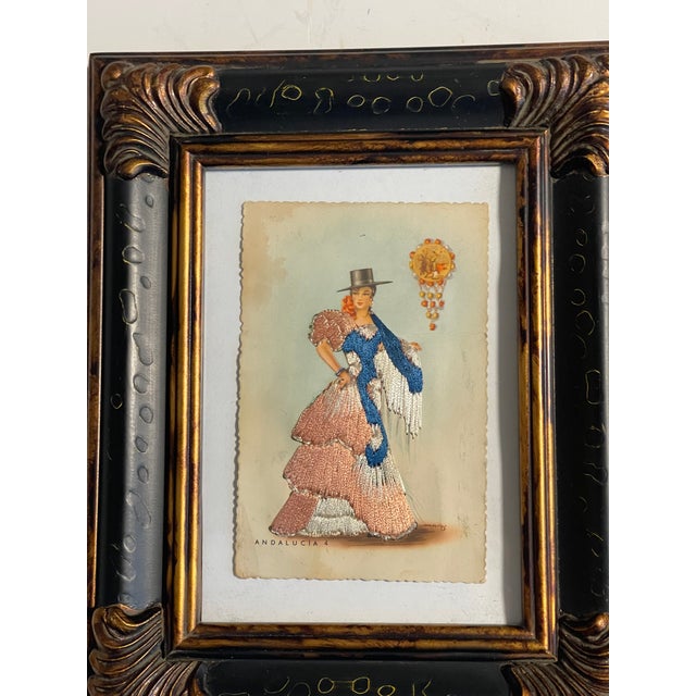 Pair Antique Spanish Embroidered Flamenco Postcards Framed For Sale In Miami - Image 6 of 6