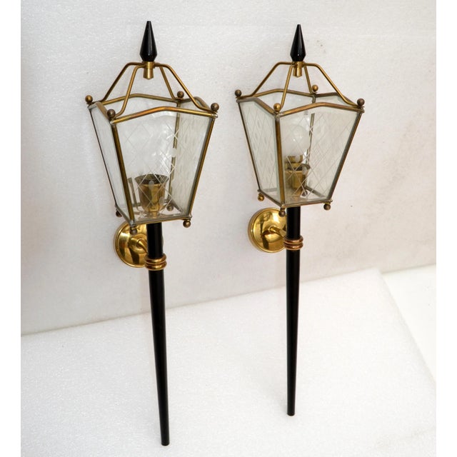 Jacques Adnet Jacques Adnet Style Sconces Lantern Wall Lamps French Mid-Century Modern - Pair For Sale - Image 4 of 13