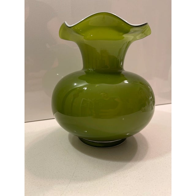 2000 - 2009 Boho Chic Olive Green Vase With White Flower Top For Sale - Image 5 of 12