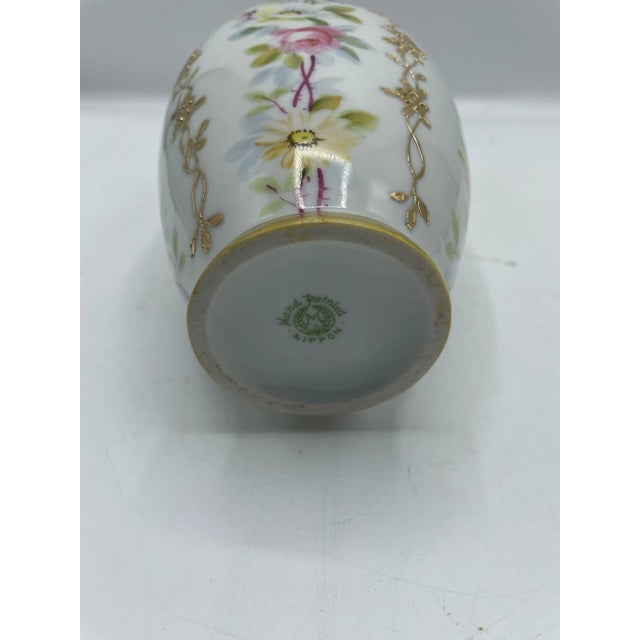 Antique Nippon Porcelain Hand Painted Gilded Panel Double Handle Vase For Sale - Image 4 of 8