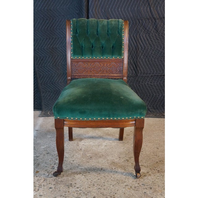 Antique Victorian Eastlake Carved Mahogany Tufted Velvet Parlor Side Chair For Sale - Image 4 of 18
