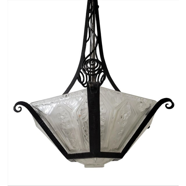 Early 20th Century French Art Deco Hand Forged Iron + Glass Chandelier With Scroll + Flowers by Verrerie Des Hanots For Sale - Image 11 of 12
