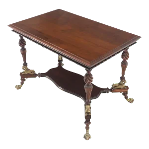 Solid Mahogany Carved Twisted Rope Style Legs Gilt Cast Iron Ball & Claw Table