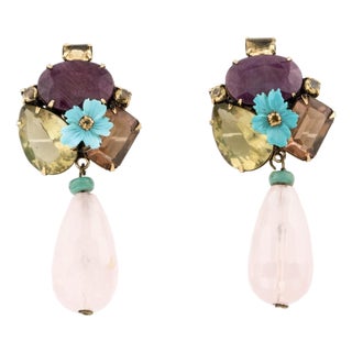 Iradj Moini Earrings Gemstones Rose Quartz Dangles Floral Drop Clip On For Sale