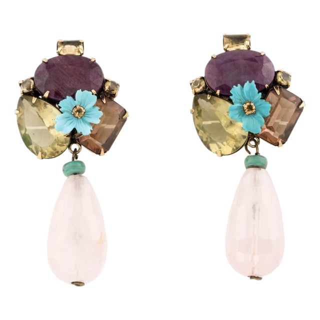 Iradj Moini Earrings Gemstones Rose Quartz Dangles Floral Drop Clip On For Sale