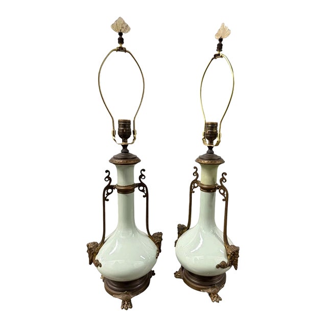 Antique 19th C French Louis XVI Ormolu & Celadon Porcelain Lamps - A Pair For Sale