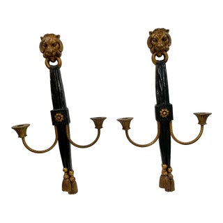Vintage Black and Gold Lions Head Wall Candelabra Sconces - a Pair For Sale