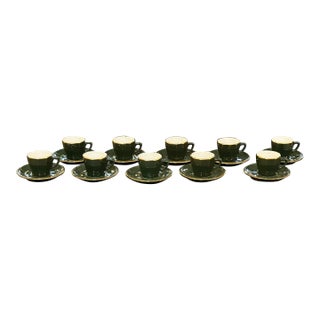 Late 20th Century Apilco Green + Gold Bistroware Demitasse Cups + Saucers, Set of Ten For Sale