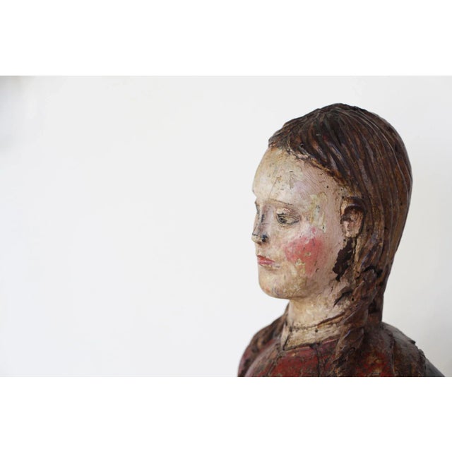 Wood 16th Century Indo-Portuguese Saint Barbara, Hand Carved Polychrome Wooden Statue For Sale - Image 7 of 13