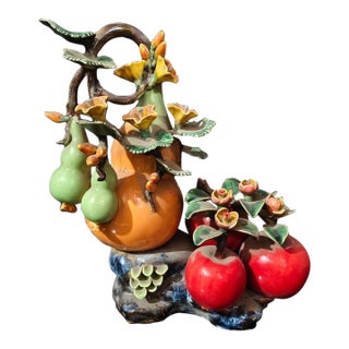 Vintage Shiwan Kiln Glazed Gourd & Apple Sculpture / Chinese Good Luck Statue For Sale