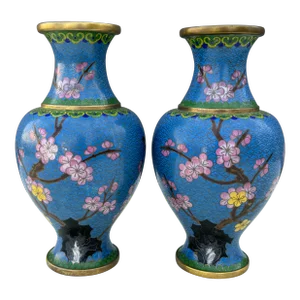Vintage 1950s Chinese Blue Cloisonne on Brass Vases Ft. Cherry Blossom Trees - a Pair