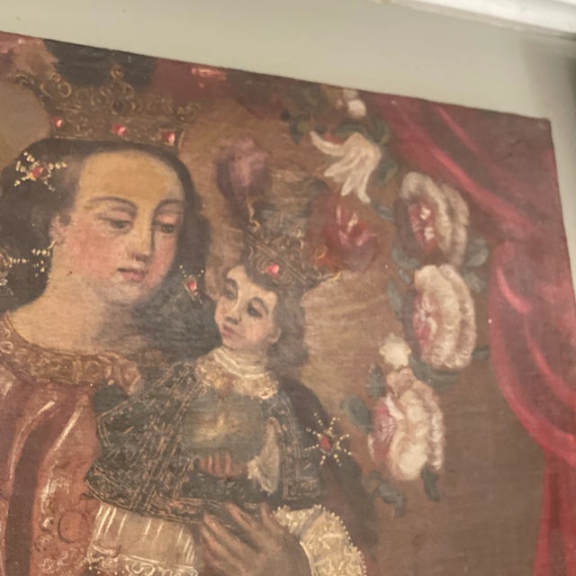 Antique Cusco School Painting on Wood of Virgin and Child For Sale - Image 4 of 12