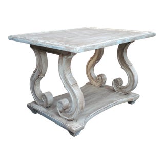 Mid 20th Century White Washed Two Tiered Side Table With Scroll Details For Sale
