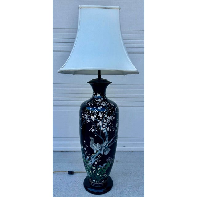 Late 19th Century Late 19th Century Huge Meiji Japanese Cloisonné Black Ground Bird & Blossom Tall Table Lamp 40" For Sale - Image 5 of 18