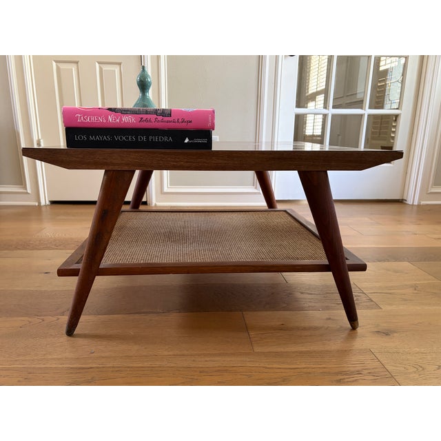Chocolate Imperial Furniture Mid-Century Modern Walnut Coffee Table With Woven Cane Shelf For Sale - Image 8 of 14