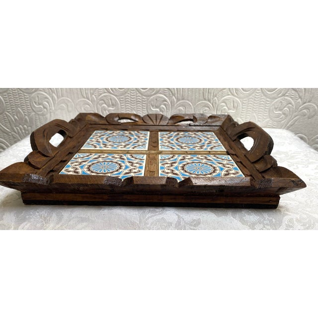 Mexican Vintage Hand Carved Wood Talavera Tiles Mexico Charcuterie Tray For Sale - Image 3 of 8