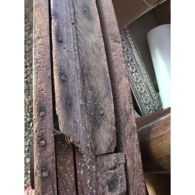 Large Industrial Wooden Pulley Wheel With Vintage Stenciled Lettering — 30” For Sale - Image 9 of 10