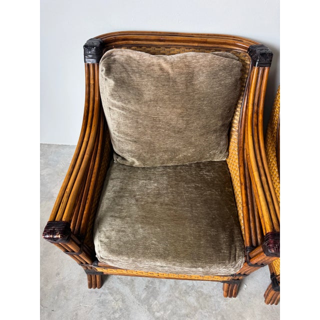 SOLDModern Mandalay Coastal Organic Rattan and Leather Lounge Chairs With Ottoman – Set of 3 For Sale - Image 11 of 12