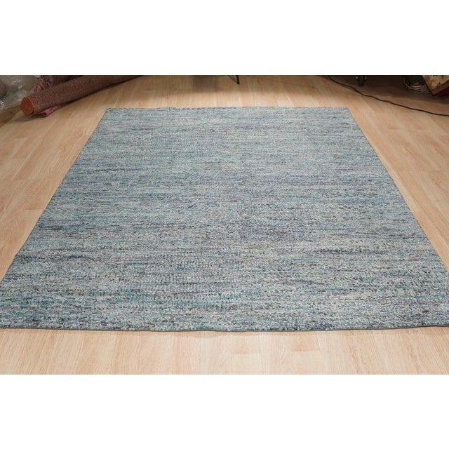 Contemporary 6x9 Blue Hand-Knotted Silk Horizon Woven Detail Solid Open Field Carpet Rug For Sale - Image 3 of 5
