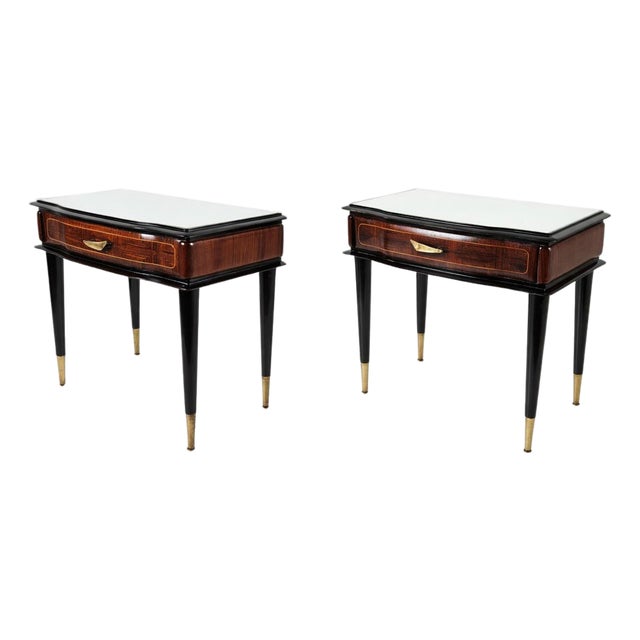 Mid-Century Italian Nightstands in Walnut and Beech with Brass Details, 1950s, Set of 2 For Sale