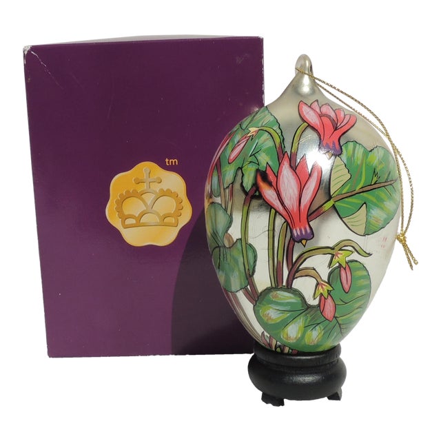 2004 Sacred Season Blown Glass Hand Painted Floral Teardrop Christmas Tree Ornament For Sale