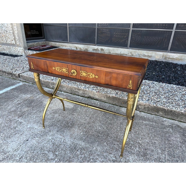 Brown 1950s French Restauration Style Desk on Brass Base For Sale - Image 8 of 13
