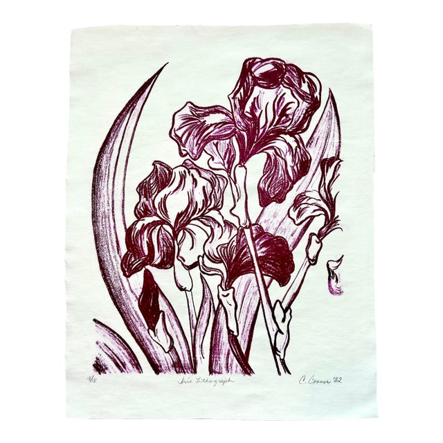 1980s “Burgundy Iris” Original Hand Printed Lithograph. For Sale