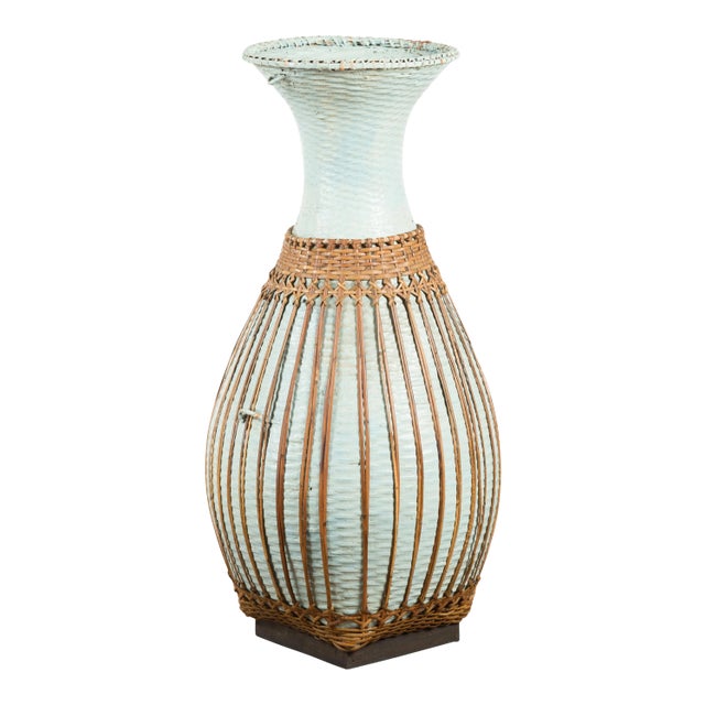 Large Vintage Chinese Woven Rattan Basket of Teal and Natural Color on Base For Sale