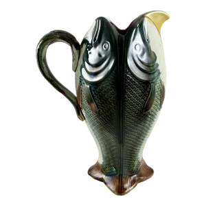 Adams & Bromley English Majolica Glazed Four Fish Large Jug Pitcher