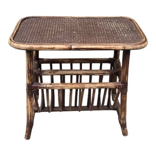 Vintage Rustic Coastal Bamboo Rattan Brown Magazine Rack Side Table For Sale