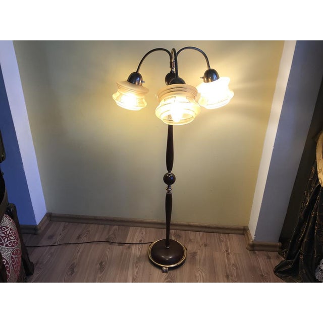 Wood Three-Armed Floor Lamp with 3 Light Points Glass Lampshades, 1960s For Sale - Image 7 of 18