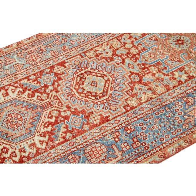 Red Handmade Antique Heriz Wool Runner With Allover Design For Sale In New York - Image 6 of 9